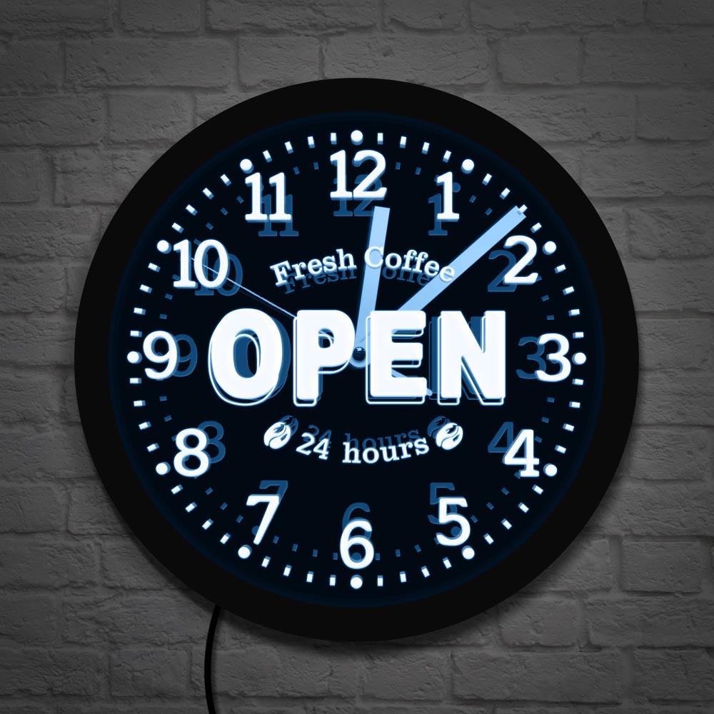 Decor Lighting Opening Hours - Frischer Kaffee, offen, 24-Stunden-LED-Neonschild, dekorative Wanduhr,