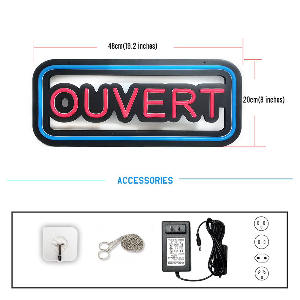 Blaue und rote Ouvert-Neonlich – Decor Lighting Opening Hours Bewertung und Preis